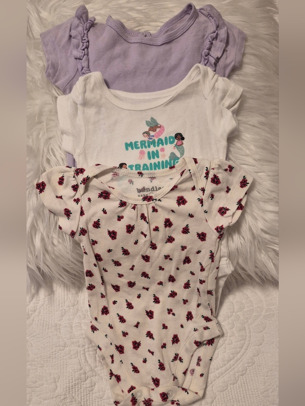 Baby Floral & Mermaid Bodysuit Set - Purple, White, Cream